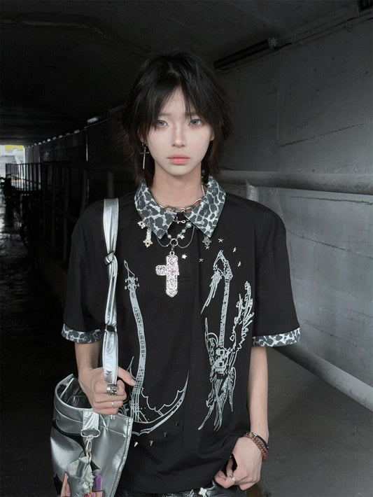Y2K T-Shirt with Leopard Patchwork and Cross Print
