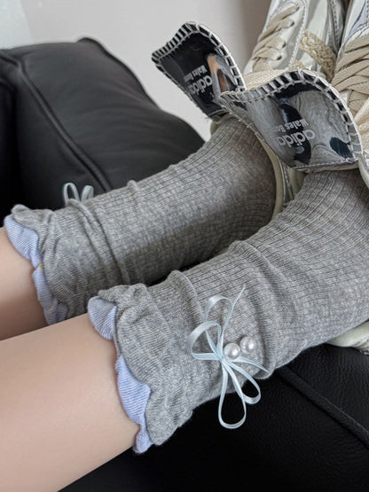 White/Black/Blue/Gray/Dark Gray Lolita Bowknot Details Ruffled Cuff Calf Socks