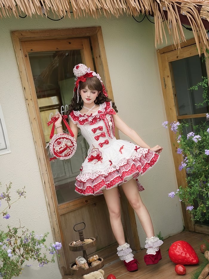 White and Red Polka-dot Bowknots on Bodice Tiered Skirt Sweet Lolita Jumper Skirt