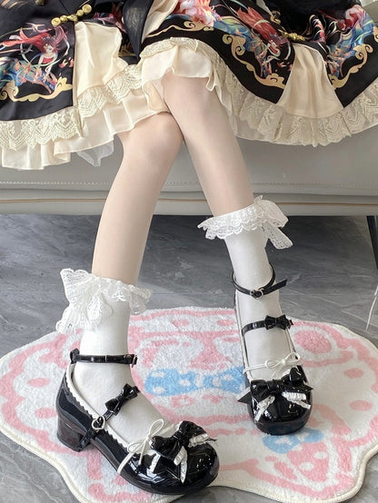 Black Ruffle Trim Decorated Bow at Top 3.5CM Sweet Lolita Block Heel Mary Janes