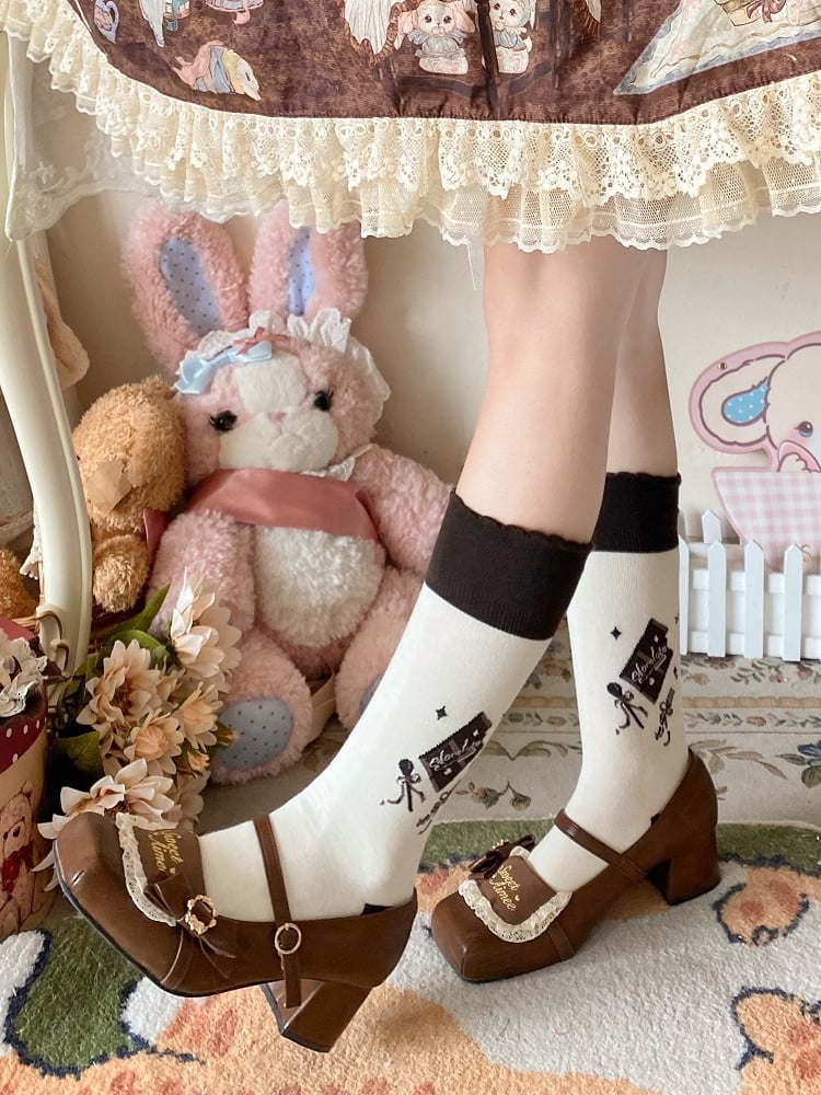 White Chocolate Print Bowknot Details Lolita Calf Socks