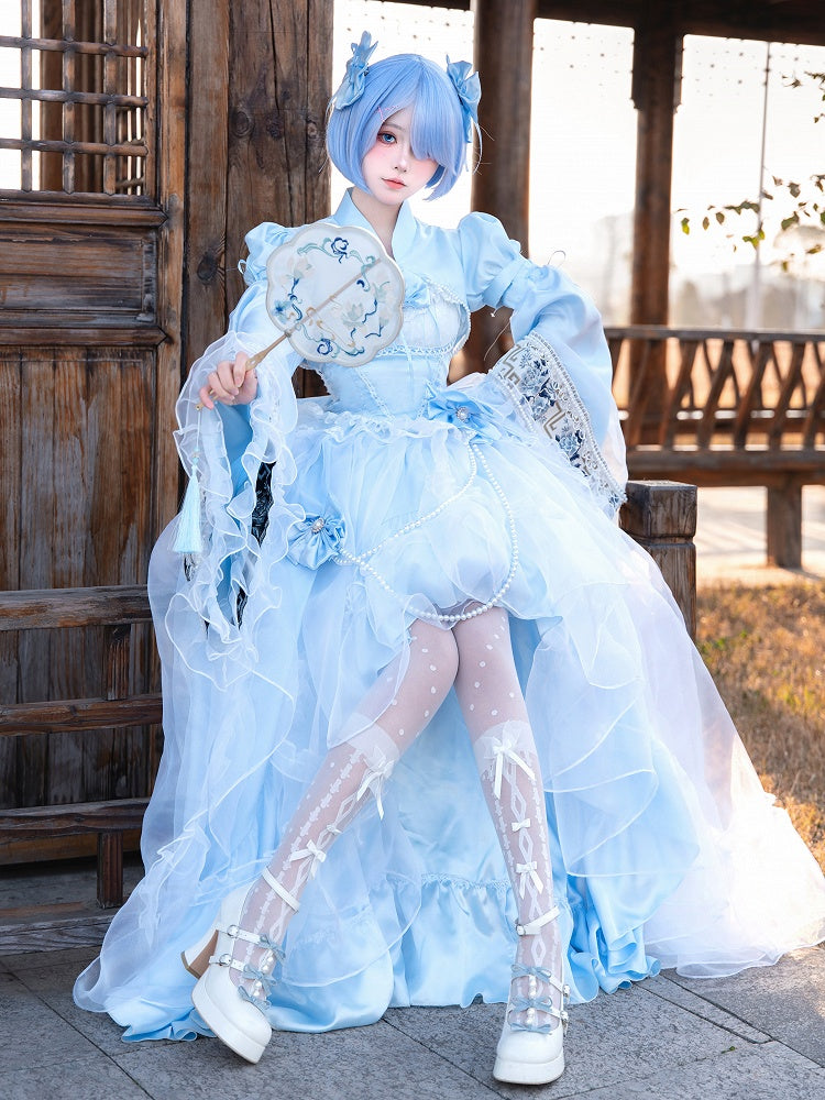 Plus Sizes Available Blue Princess Lolita Boned Waist Top + High-low Skirt Full Set