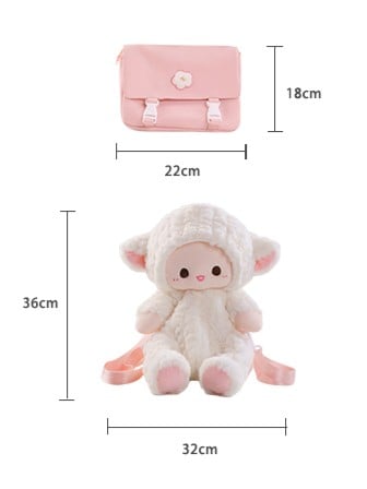 White Plush Lamb Backpack And Detachable Pink Canvas Bag Set