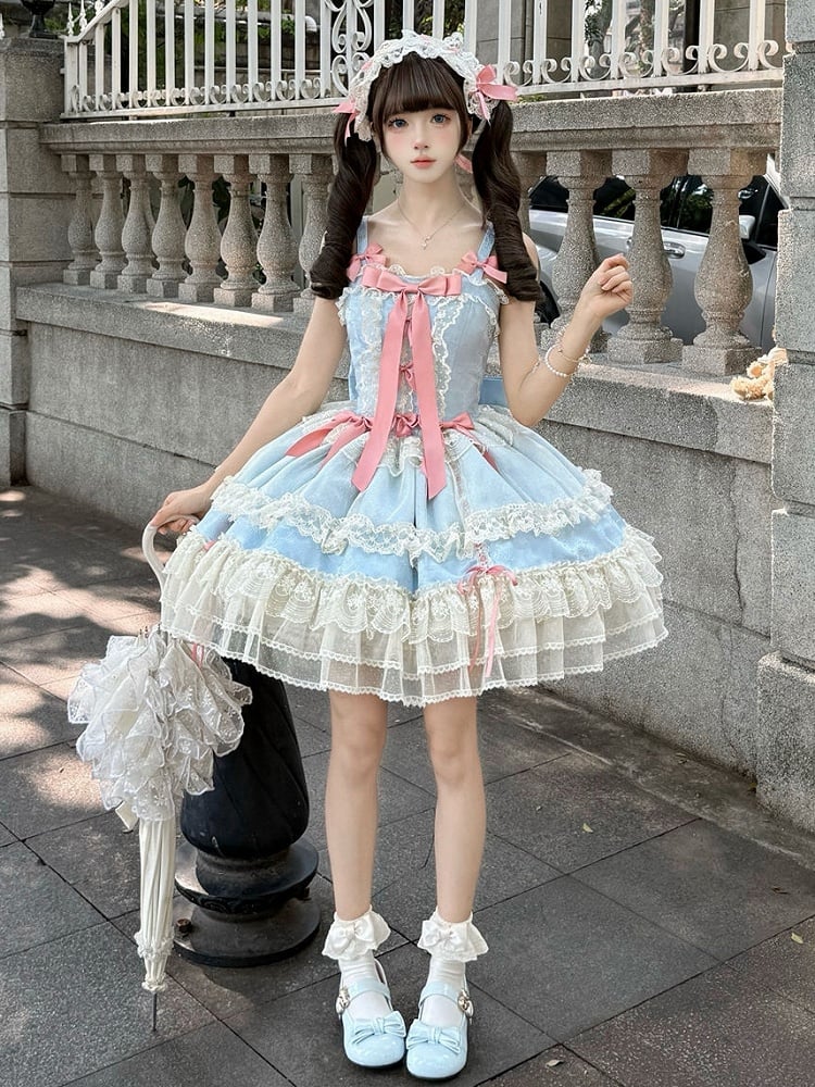 Blue Balletcore Lolita Dress Bowknots Decorated Sweet Jumper Skirt