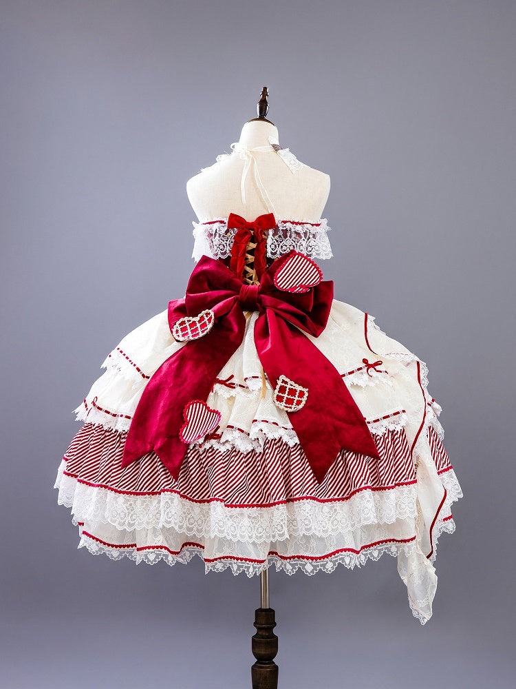 Red Queen Hime Lolita Red Bow Accents Boned Corset Top + Tiered Skirt