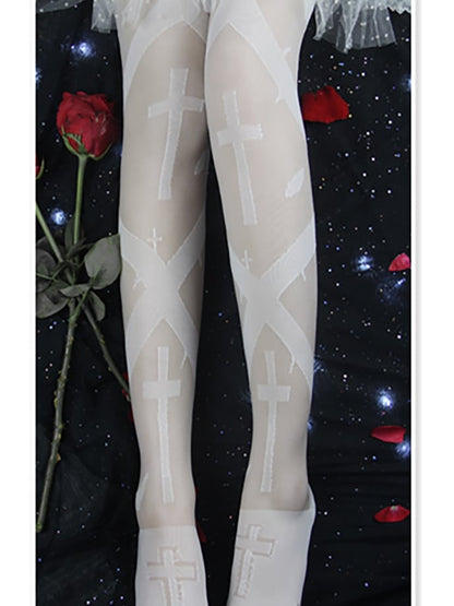 Black/White Gothic Cross Print Overknee Stockings