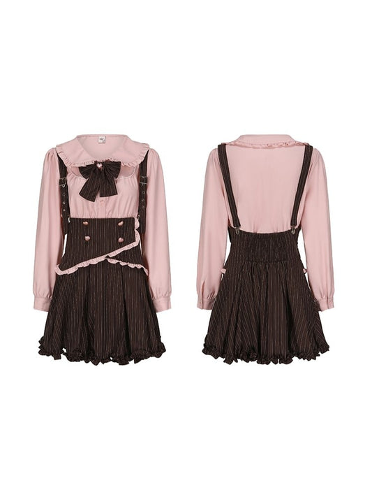 Plus Size Pink Ruffle Trim Blouse with Peter Pan Collar & Heart Button