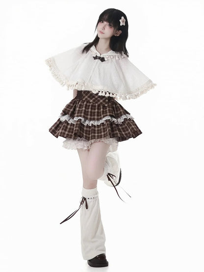 Brown Plaid Lace Trim Tiered Skort