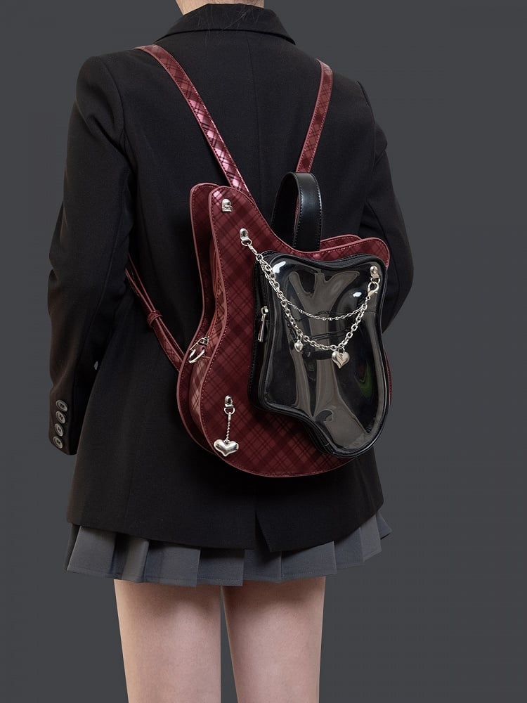Edgy 2-Way Y2K Black & Red Plaid Guitar-Shaped Ita Bag With Heart Chain Accents