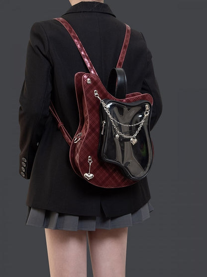 Edgy 2-Way Y2K Black & Red Plaid Guitar-Shaped Ita Bag With Heart Chain Accents