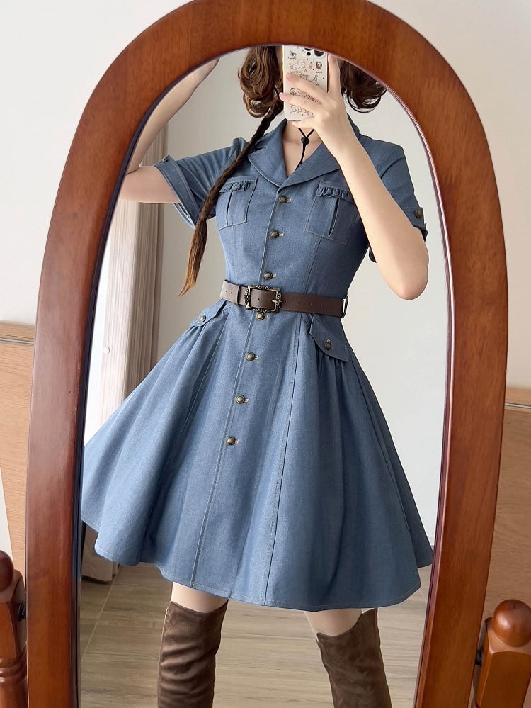Retro-Style Notched Lapel Short Sleeves Denim Dress with Brown Belt