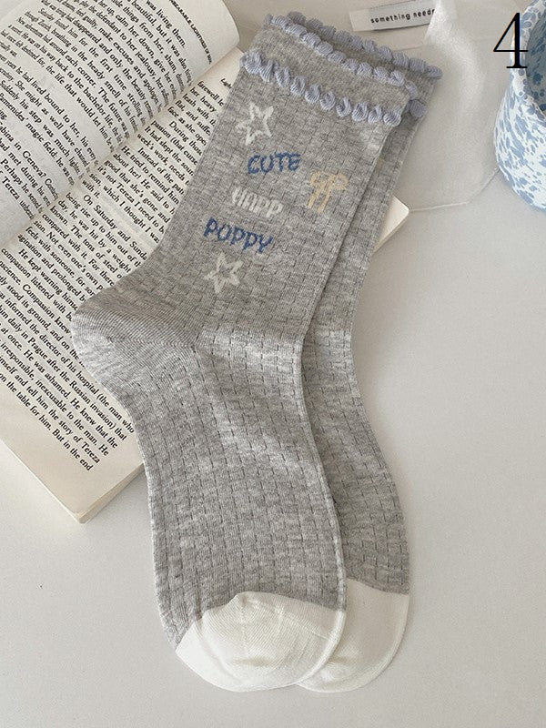 4 Options White/Grey Puppy/Star/Apple Print Calf Socks