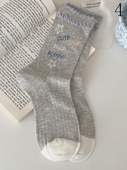 4 Options White/Grey Puppy/Star/Apple Print Calf Socks