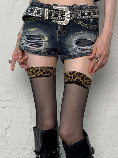 Black Y2K Leopard Pattern Cuffs Overknee Stockings
