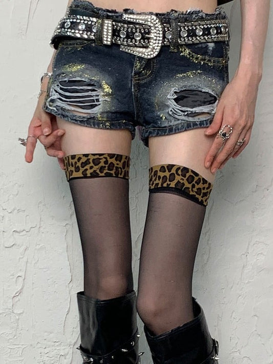 Black Y2K Leopard Pattern Cuffs Overknee Stockings