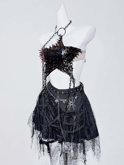 Punk Black PU Halter Neck Studs and Chain Star-shaped Backless Top