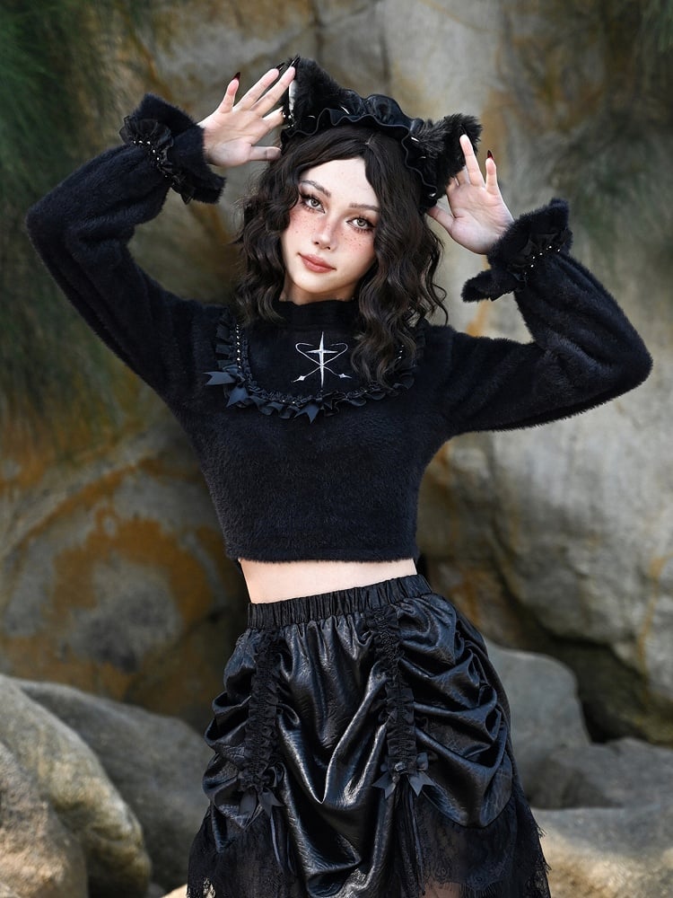 Bowknot Details Black Ruffle Neckline Cropped Sweater