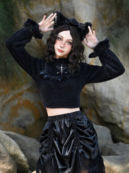 Bowknot Details Black Ruffle Neckline Cropped Sweater