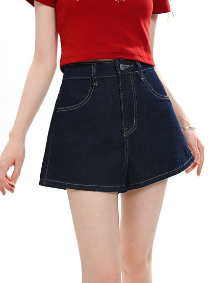 Kitty Embroidery Back Blue Wide-leg Denim Shorts