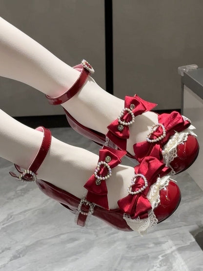 Wine Red Bow at Top Heart Cut-out Heels Mary Janes