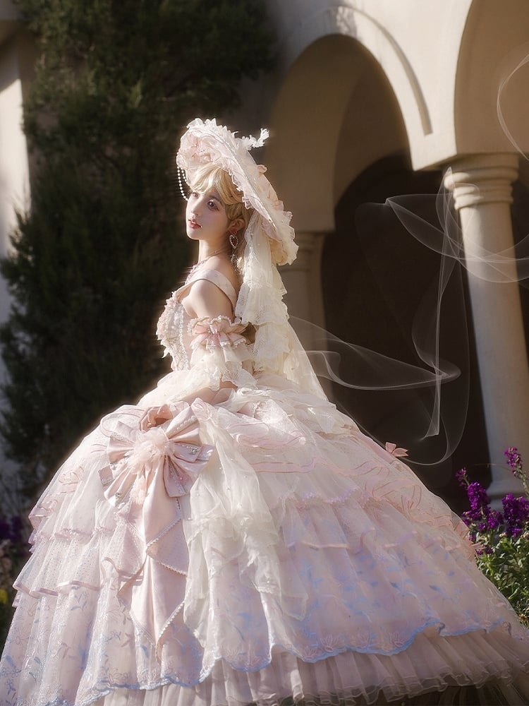 Clearance-Size S for Bust 80CM Pink Corset Bodice Hanayome Hime Lolita Floral Embroidery Layered Floor Length Dress Long Version