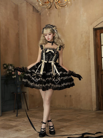Black Bead Chain Bows Decorated Tiered Skirt Princess Lolita Dress