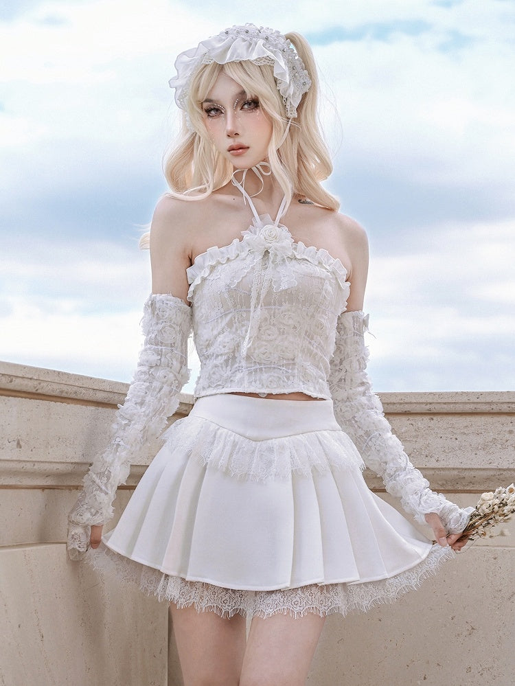 White Lace Raw Hem Fairy Goth Pleated Skirt