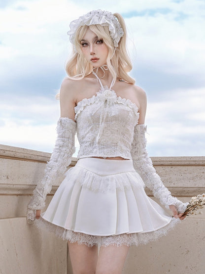 White Lace Raw Hem Fairy Goth Pleated Skirt