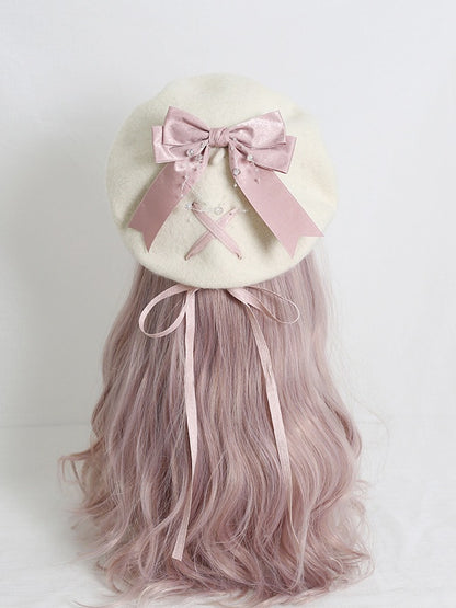 Cute Lolita Off-White Beret With 6-Color Optional Bowknot Ribbon