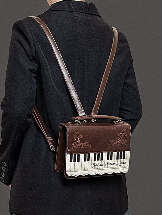 Vintage Small-Sized Brown Piano-Themed Crossbody & Backpack Briefcase With Embroidered Floral Accents