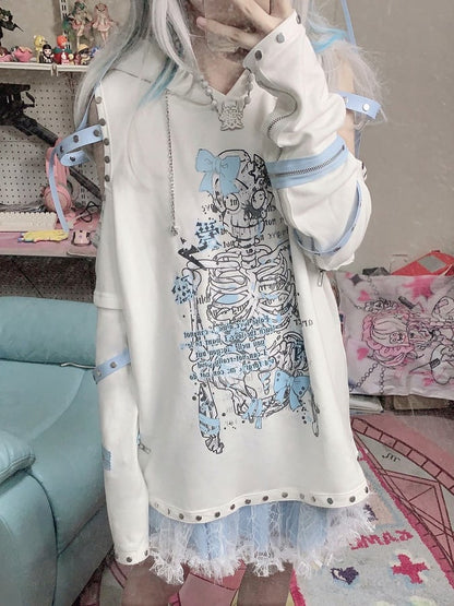 Skeleton Print Kitty Ears White Hoodie with Detachable Sleeves and Tail