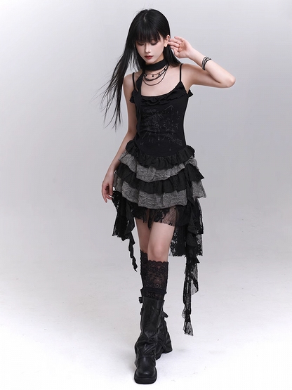 Black Lace Patchwork Cascading Ruffles Skirt