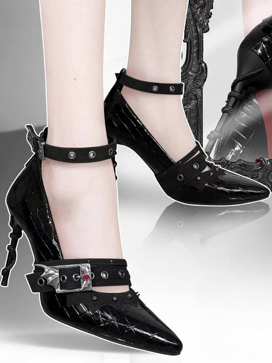 Polished Black Gothic Bat Wings Buckle Pointed Toe Snake Design High Heels