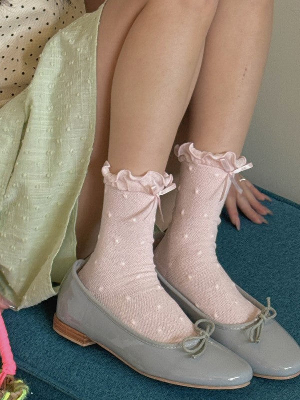 White/Black/Pink/Blue/Yellow Bowknot Details Polka-dot Pattern Ruffled Cuffs Calf Socks