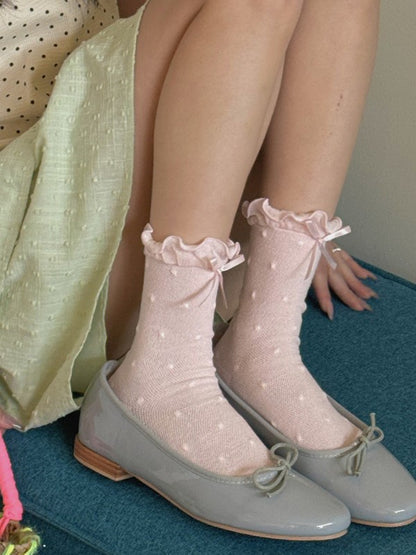 White/Black/Pink/Blue/Yellow Bowknot Details Polka-dot Pattern Ruffled Cuffs Calf Socks