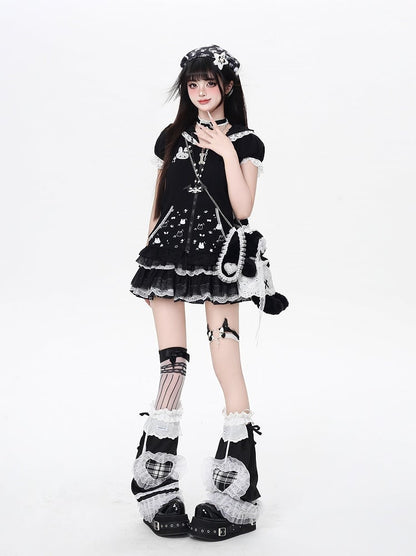 Bunny Ears Design Hood Lace Trim Black/White Jirai Kei Zip-up Jacket