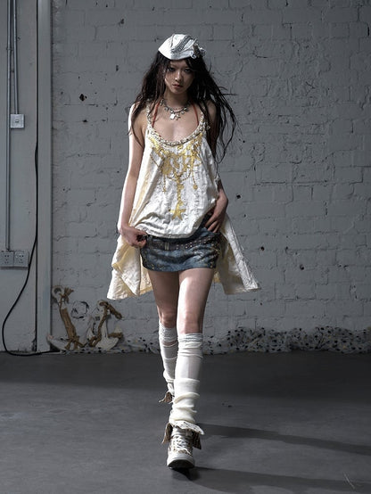 Gold Starfish Print Apricot Wasteland Punk Distressed Holes Cami Top