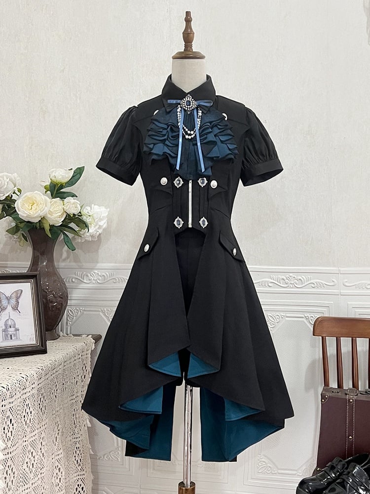 Clearance-Size L for Waist 84CM Black Bat Wings Shape Collar Ouji Lolita Blue Lining Long Waistcoat