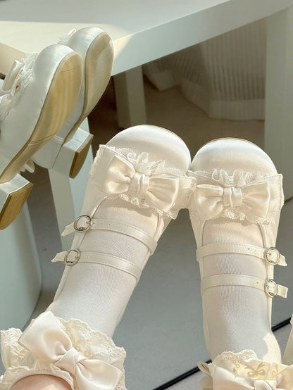 Satin-Finish PU White Sweet Lolita Mary Janes - Ruffled Lace with Bow & Double Buckles