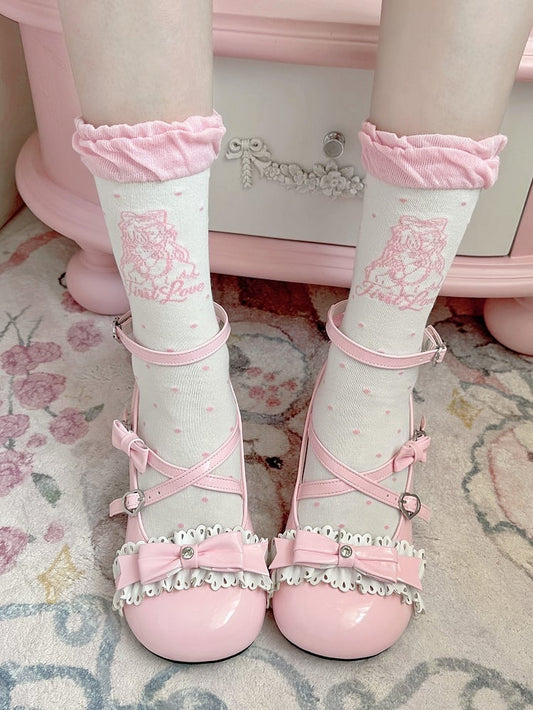 Black/Pink Anime Girl Polka-dot Pattern Lolita Calf Socks
