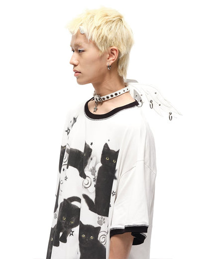 Black/White Angel Wings Stud Details PU Buckle Strap Choker