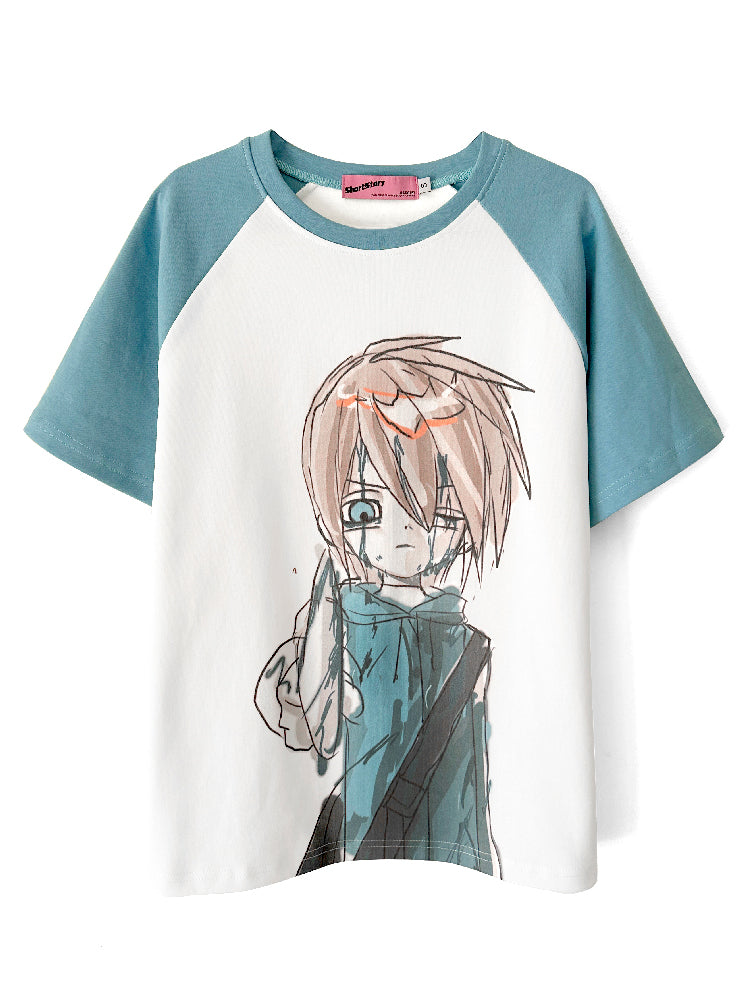 Cartoon Boy Print Blue and White T-shirt