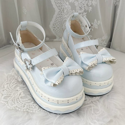 Lolita Cute Light Blue Bowknot Cake Pattern Buckle Straps Platform Shoes