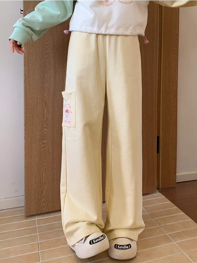 Creamy Yellow Elastic Waist Teddy Bear Print Wide-Leg Casual Pants Regular/Short Version