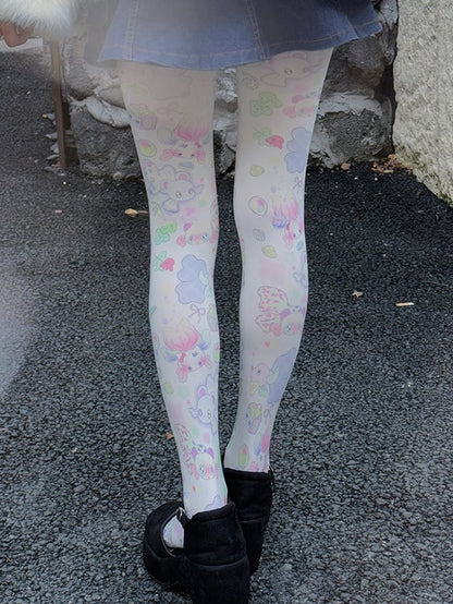 White Sweet Goldfish Print Cartoon Tights
