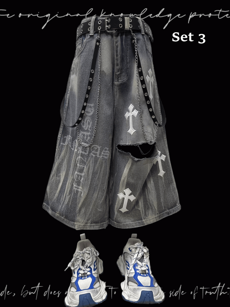 Y2K Blue Cross Appliques Distressed Holes Wide-Leg Jeans