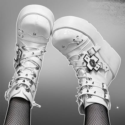 Metal Skull Polished White Punk Wedge Platform Boots Spike Stud Detailing