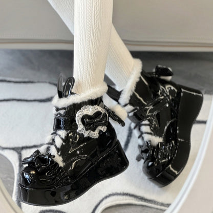 Black Bunny Ear Design Bow Accents Fleeced Lined Lolita Platform Ankle Boots