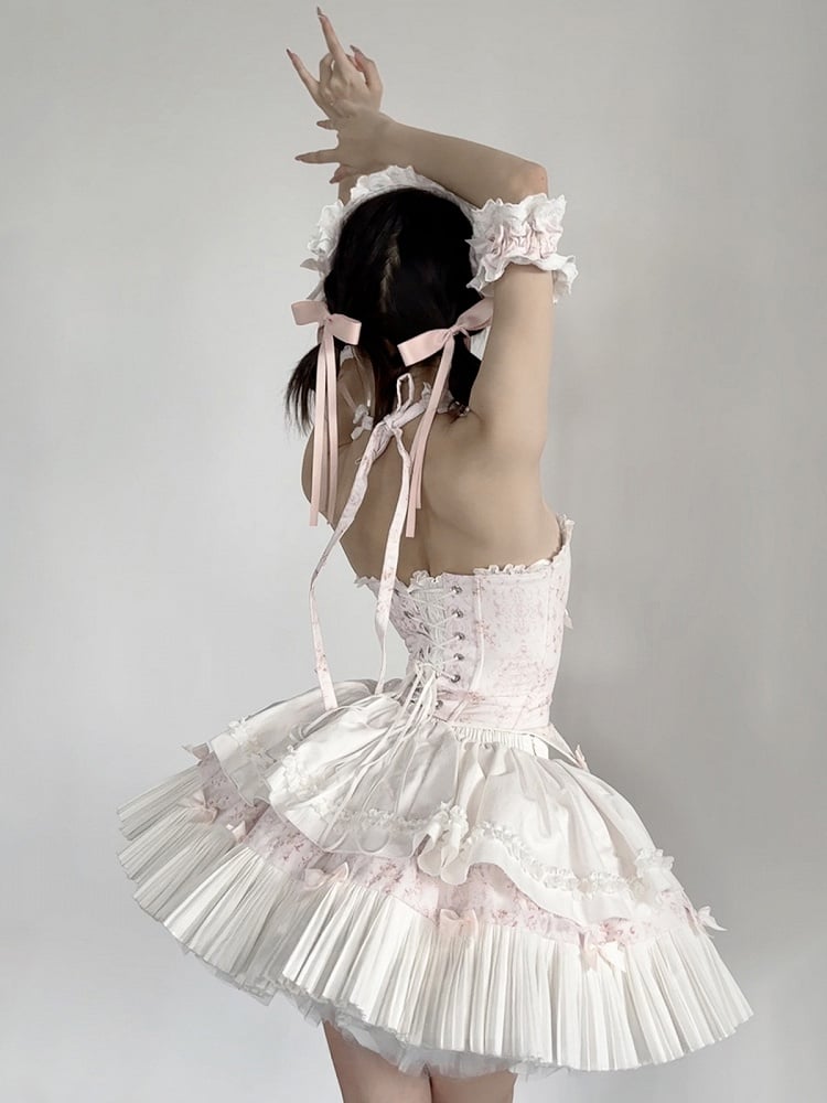 Pink & White Sweet Lolita Floral-Print Corset Top + Skirt + Choker + Arm Rings + KC Full Set