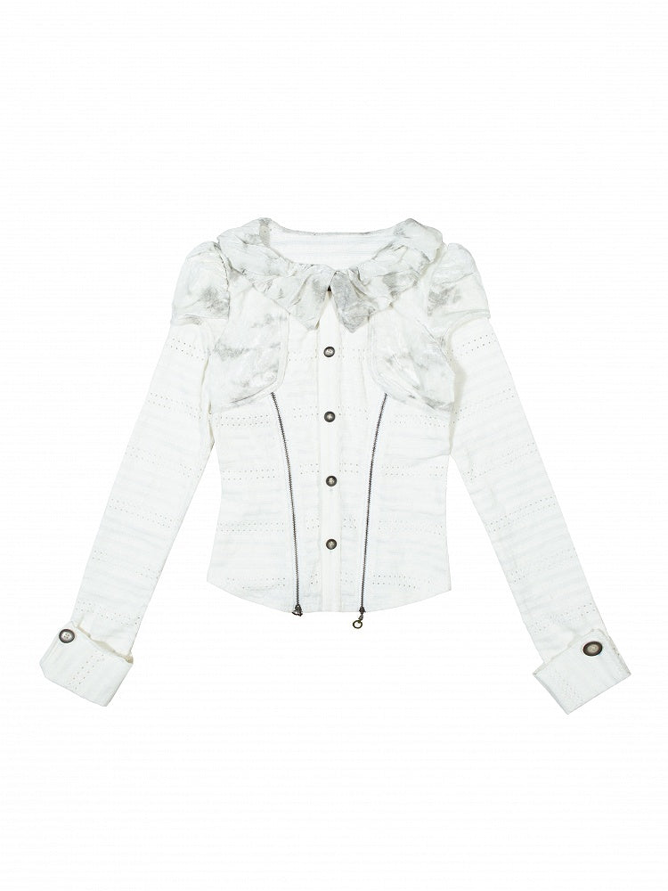 White Punk Textured Blouse with Ruffled Puff Collar & Front Side Zippers